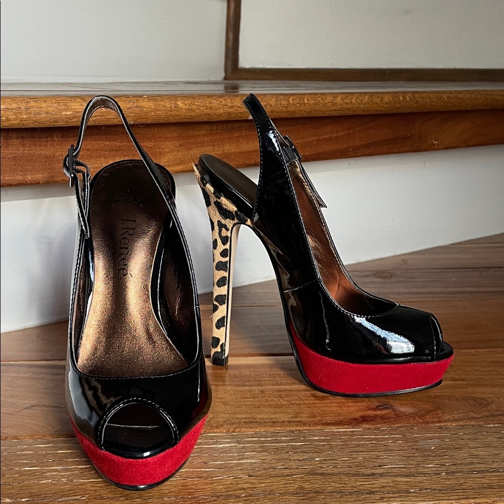 J.Renee Black and Red Slingback Heels with Leopard Print